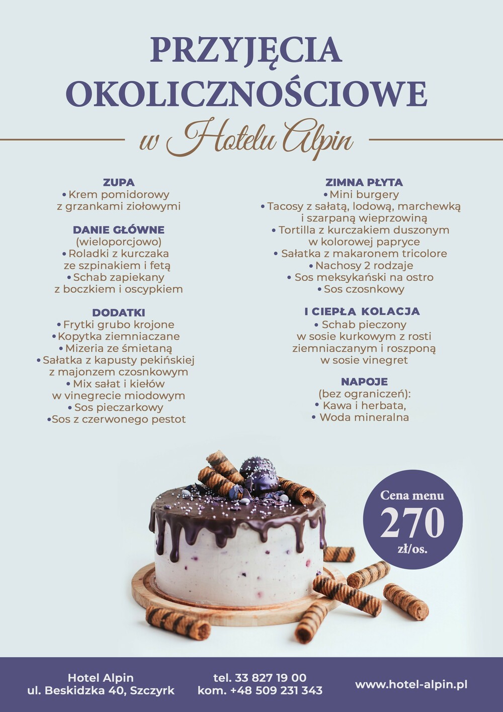 Menu przyjęcia okolicznościowego w&nbsp;Hotelu Alpin w&nbsp;Szczyrku – oferta około&nbsp;270 zł