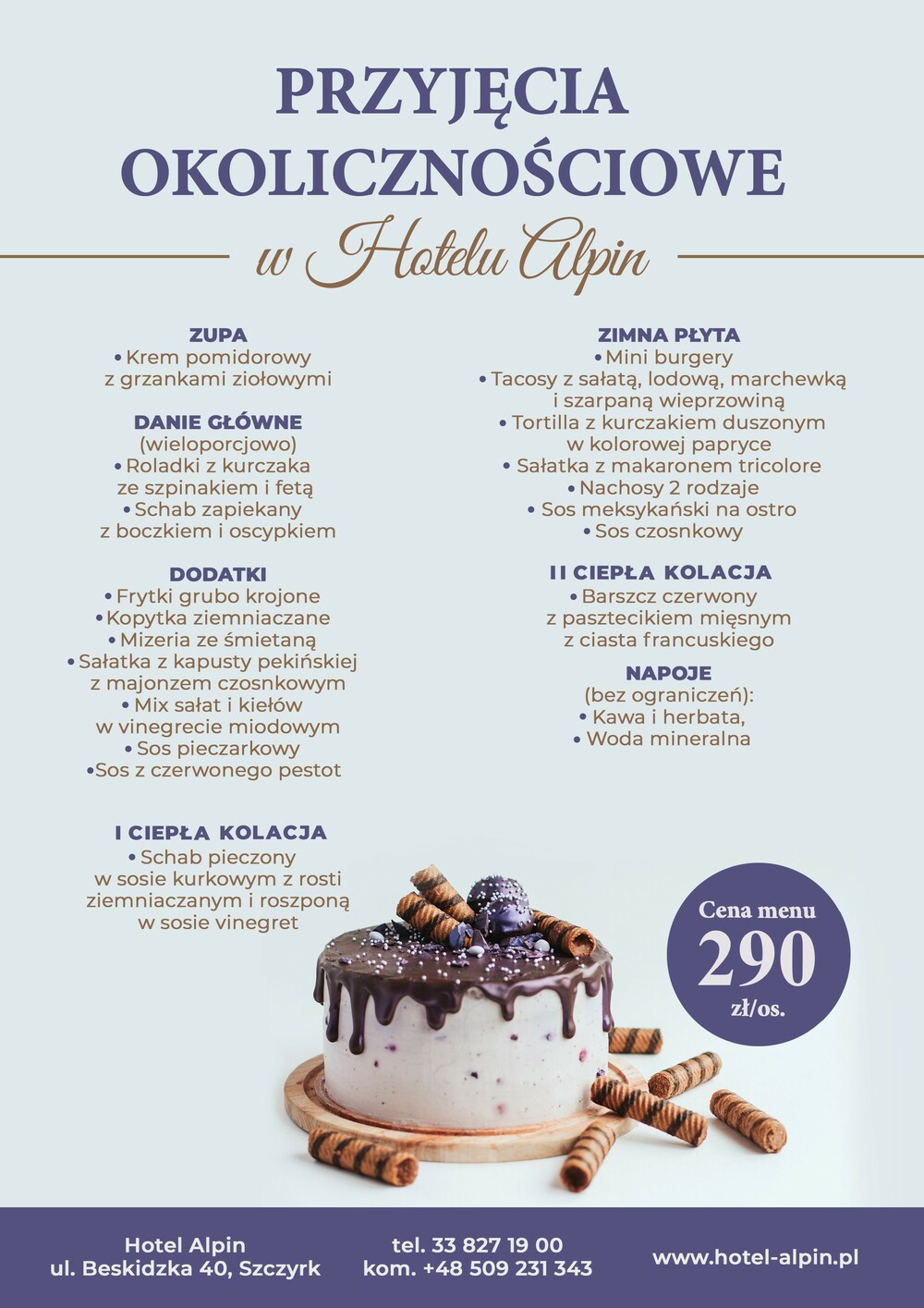 Menu przyjęcia okolicznościowego w&nbsp;Hotelu Alpin Szczyrk – oferta około&nbsp;290 zł